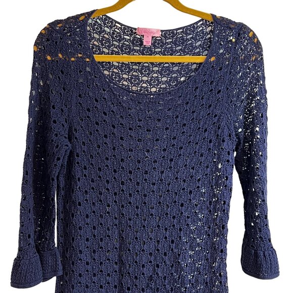 Lilly Pulitzer Shauna Tunic Crochet Shift Dress Swim Cover Up S Navy Blue - Picture 4 of 7